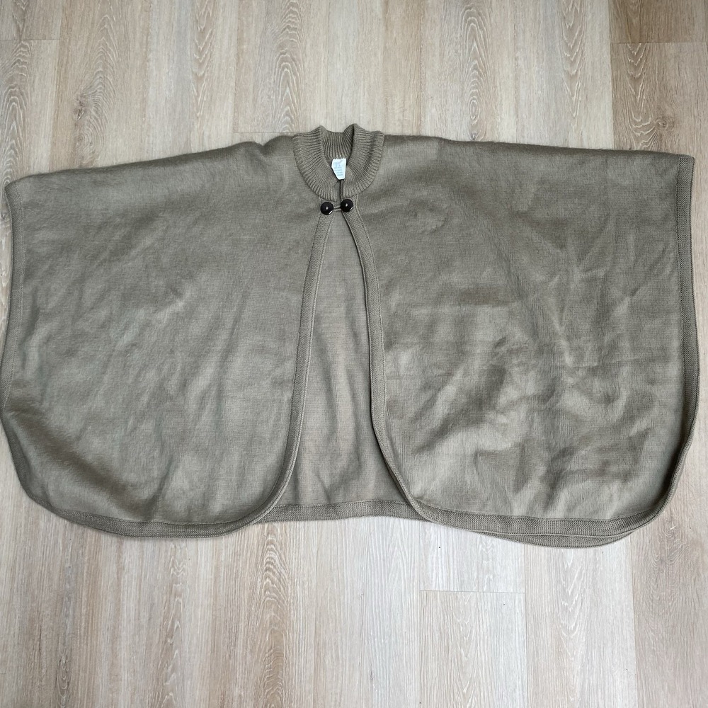 VTG 100% Wool Alpaca Handmade Poncho Cape Made in Ecuador Tan Button Front OS
